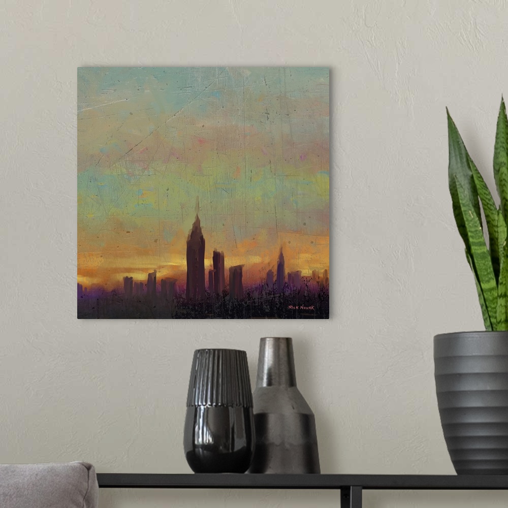 A modern room featuring Contemporary painting of heavy fog over the New York City skyline in the morning.
