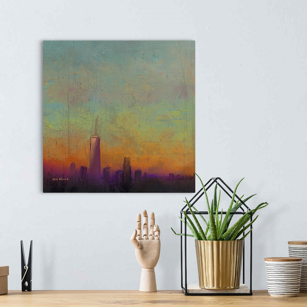 A bohemian room featuring Contemporary painting of heavy fog over the New York City skyline in the morning, with the One Wo...