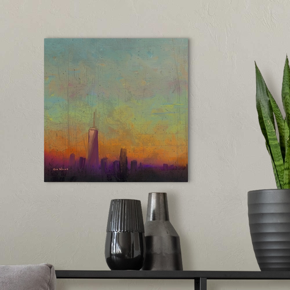 A modern room featuring Contemporary painting of heavy fog over the New York City skyline in the morning, with the One Wo...