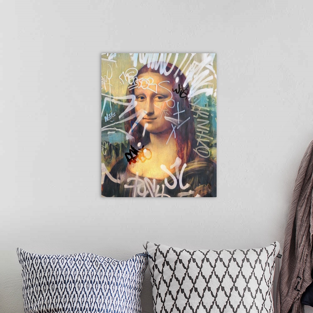 A bohemian room featuring Mona Lisa Altered With Graffiti 3