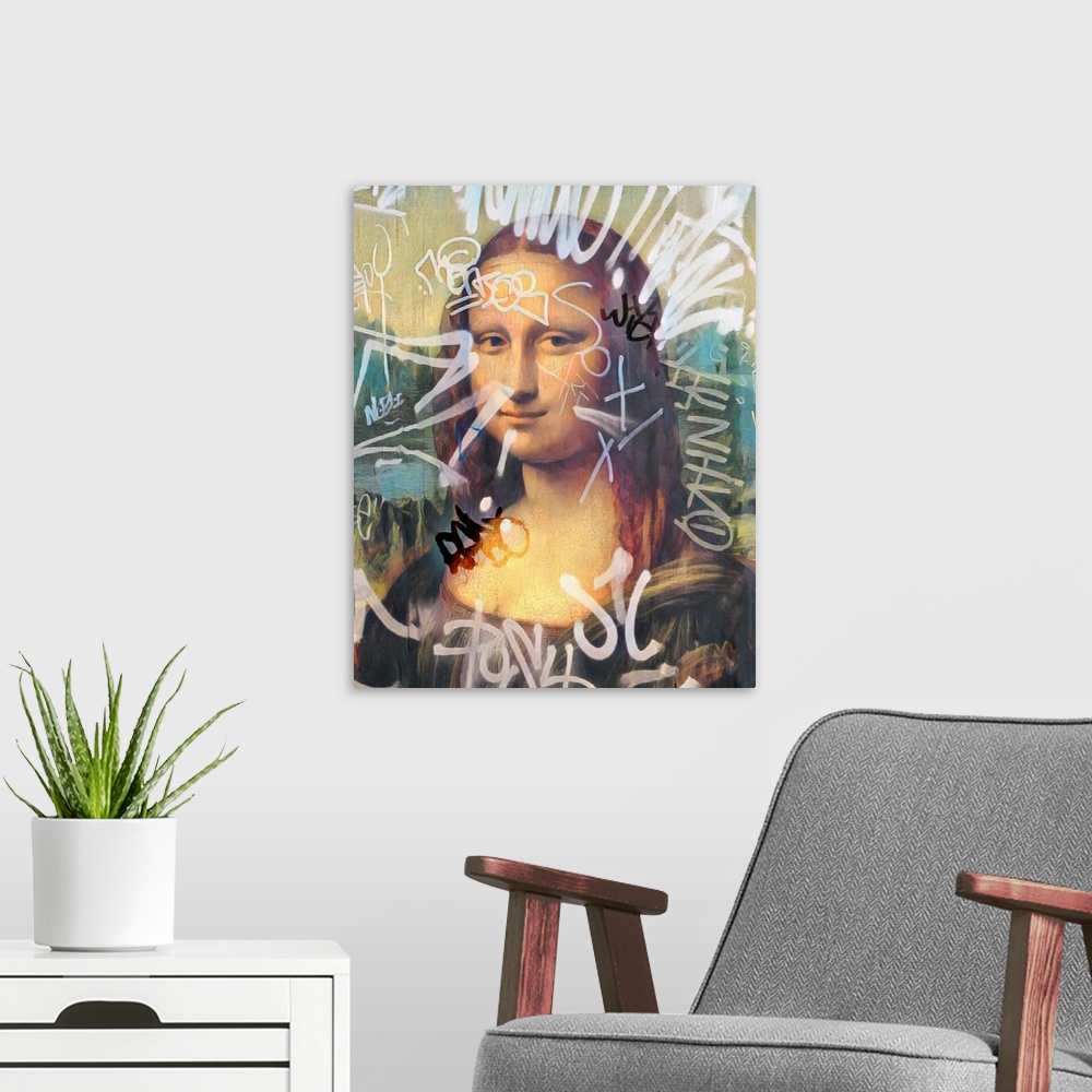 A modern room featuring Mona Lisa Altered With Graffiti 3