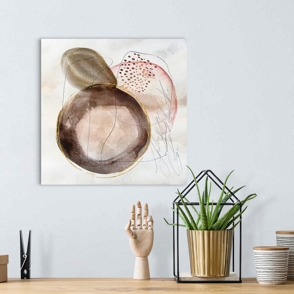 A bohemian room featuring Mixed media watercolor abstract art with handwriting, shapes, and lines in soft pastel neutral co...
