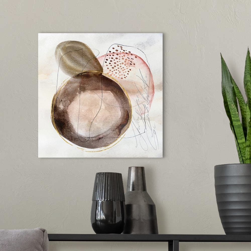 A modern room featuring Mixed media watercolor abstract art with handwriting, shapes, and lines in soft pastel neutral co...