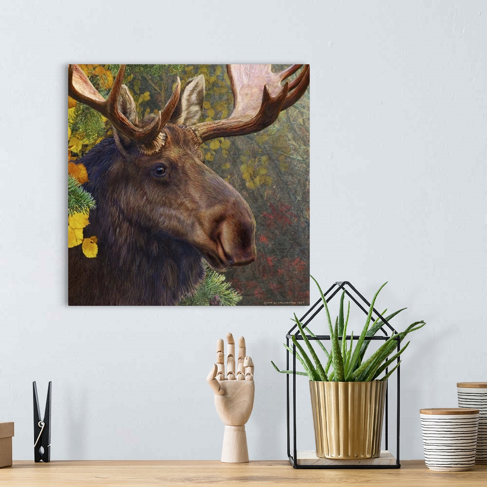 A bohemian room featuring Contemporary artwork of a moose standing under cover of trees.