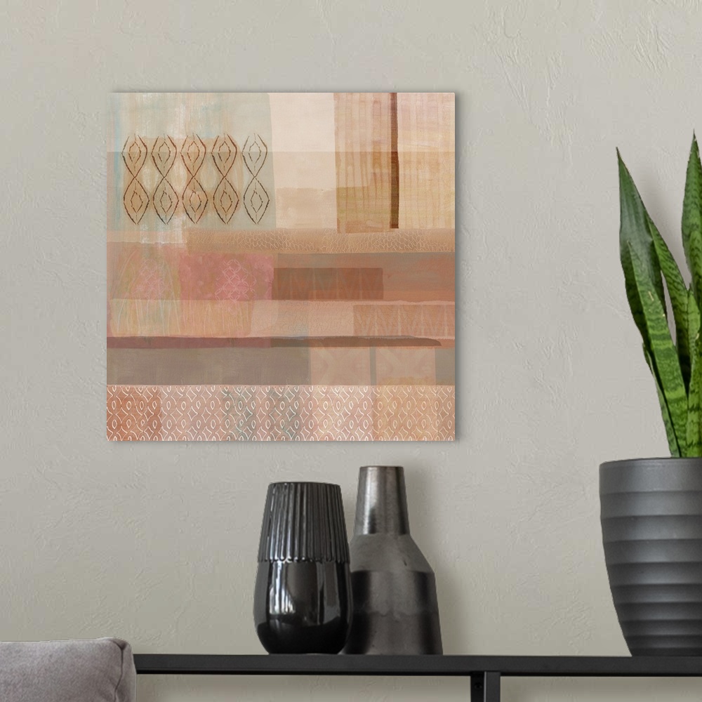 A modern room featuring Terracotta and blush textured abstract painting
