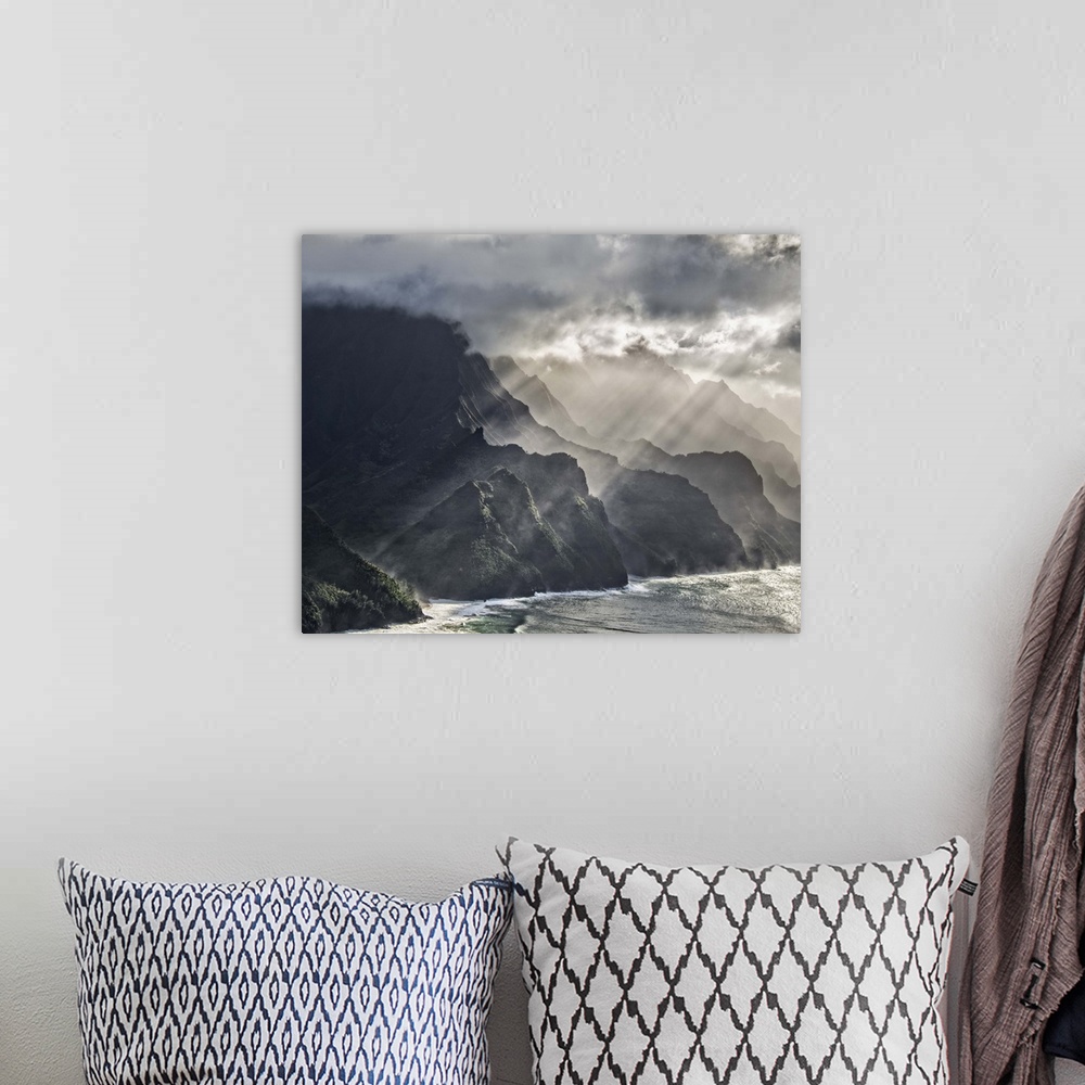 A bohemian room featuring Dramatic photograph of the cliffs of the Napali coast, Hawaii.