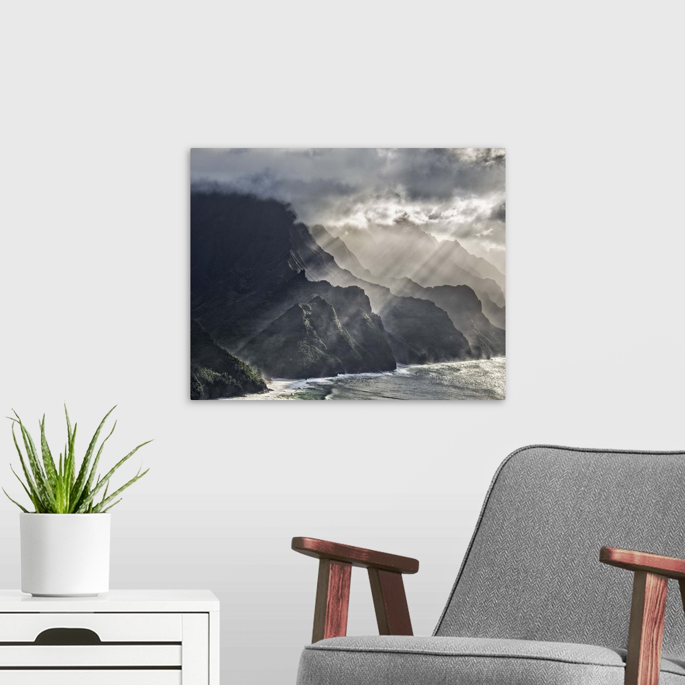 A modern room featuring Dramatic photograph of the cliffs of the Napali coast, Hawaii.