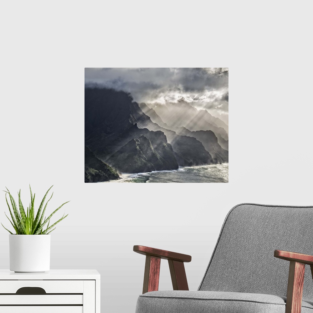 A modern room featuring Dramatic photograph of the cliffs of the Napali coast, Hawaii.