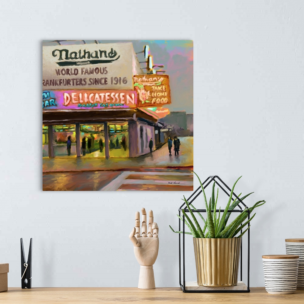 A bohemian room featuring Art print of the neon signs for Nathan's Famous Hot Dogs, a Coney Island staple.