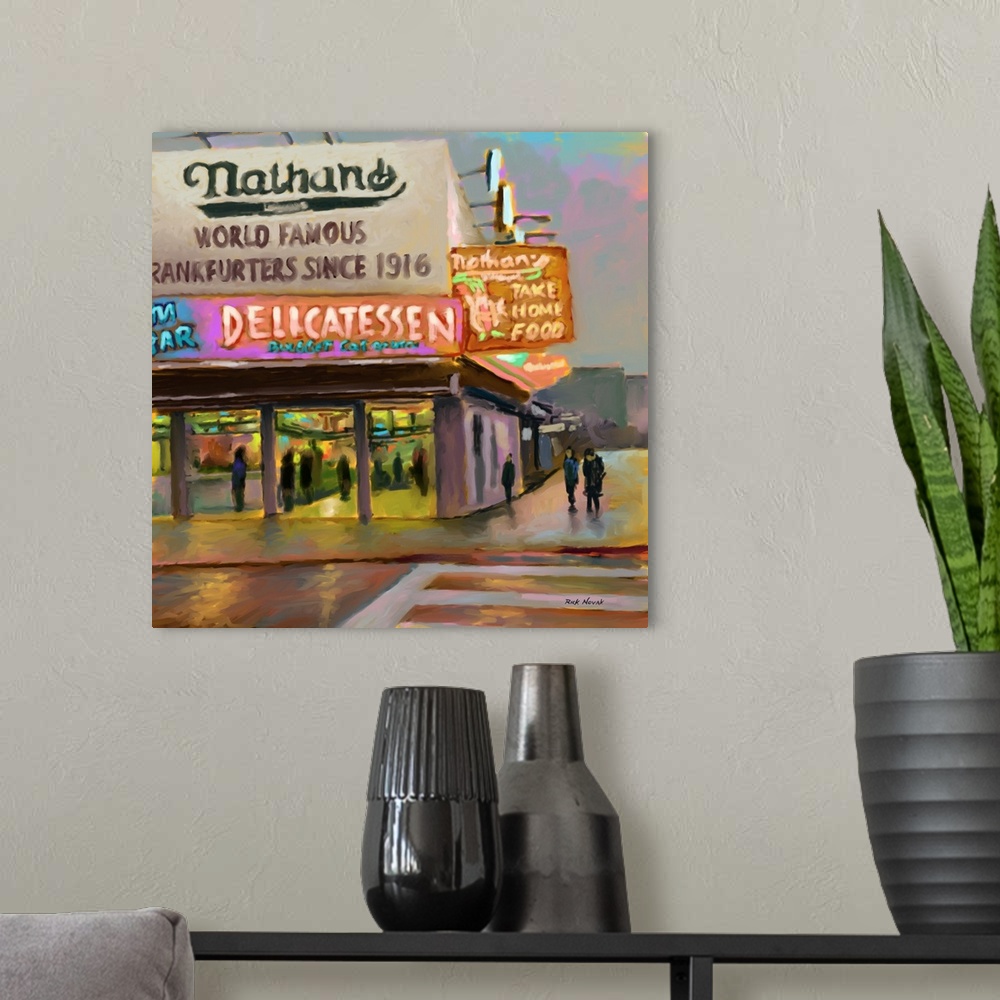 A modern room featuring Art print of the neon signs for Nathan's Famous Hot Dogs, a Coney Island staple.