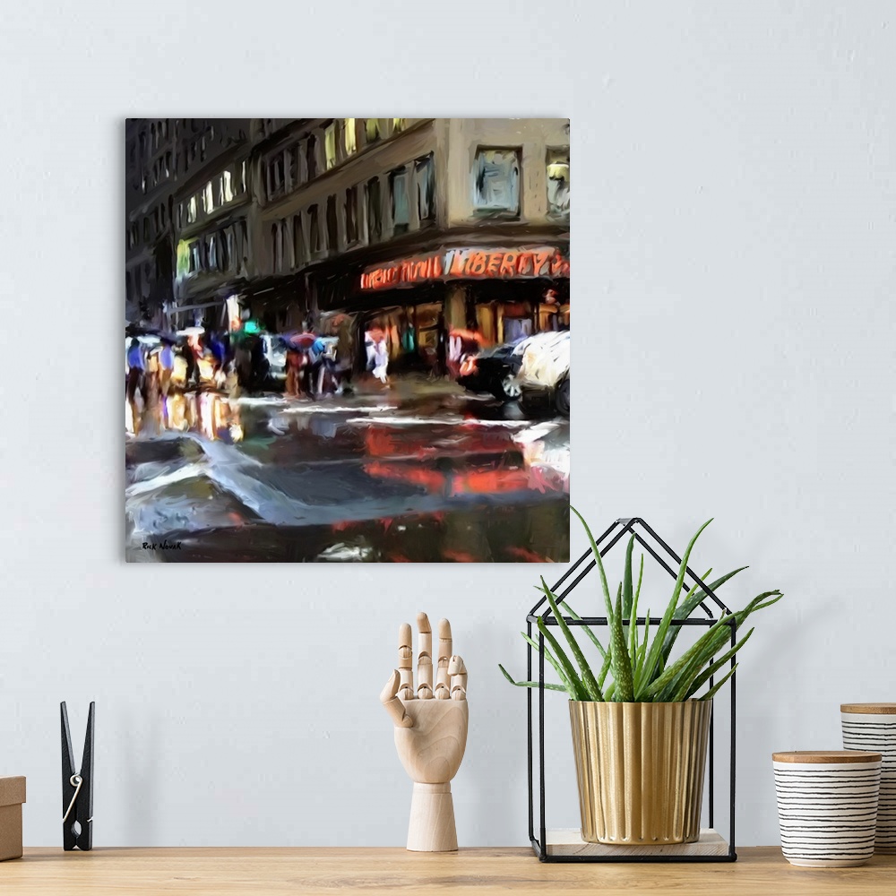 A bohemian room featuring Contemporary artwork of a New York City street at night, full of people with umbrellas under the ...