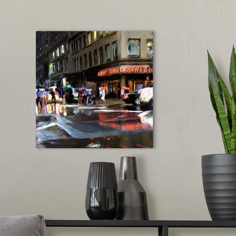 A modern room featuring Contemporary artwork of a New York City street at night, full of people with umbrellas under the ...