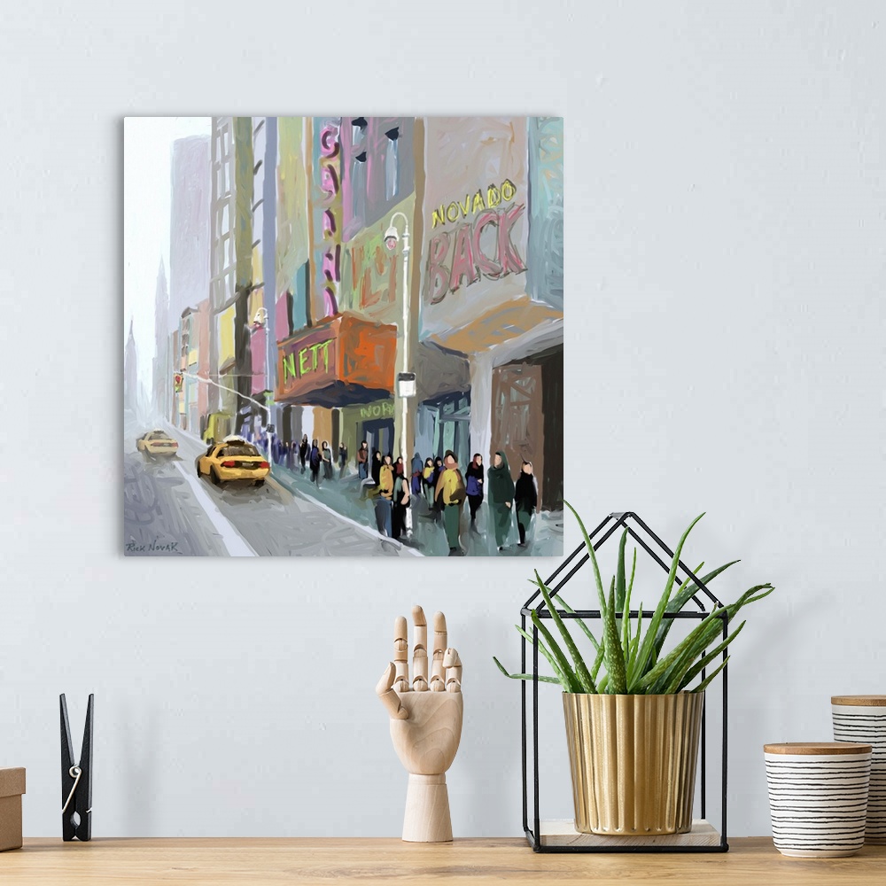 A bohemian room featuring Contemporary art print of people and taxis in a New York City street on a misty day.