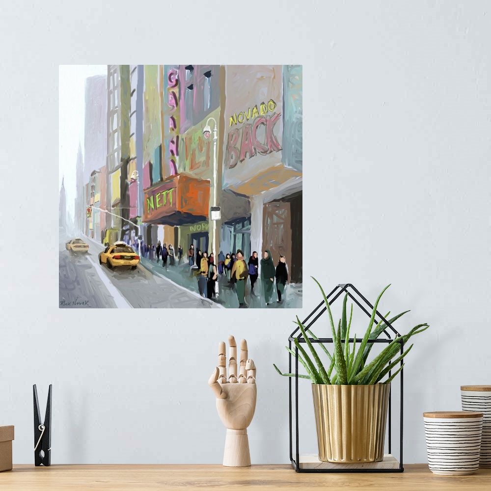 A bohemian room featuring Contemporary art print of people and taxis in a New York City street on a misty day.