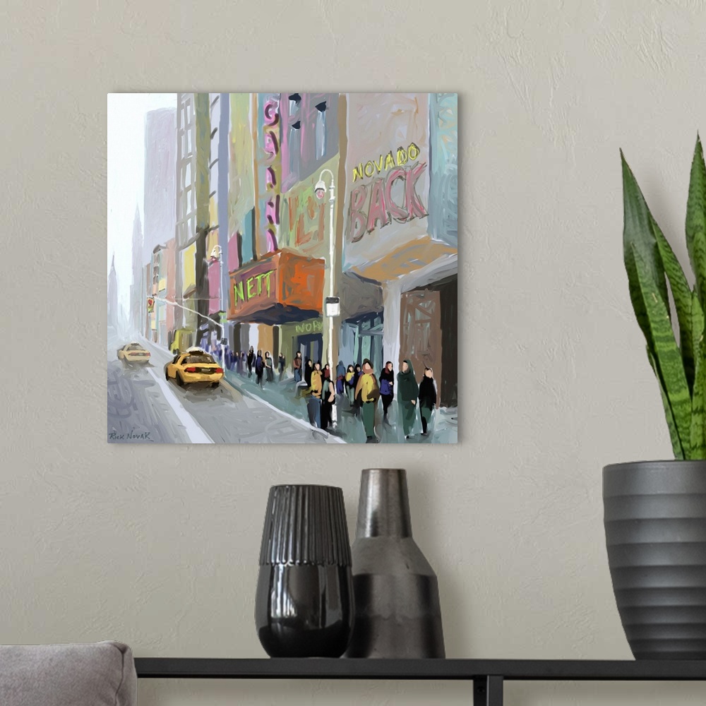 A modern room featuring Contemporary art print of people and taxis in a New York City street on a misty day.