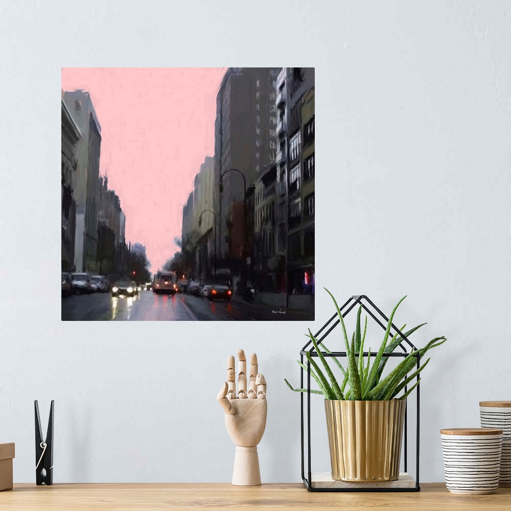 A bohemian room featuring Contemporary artwork of a shadowy New York City street with bright car headlights under a pale pi...