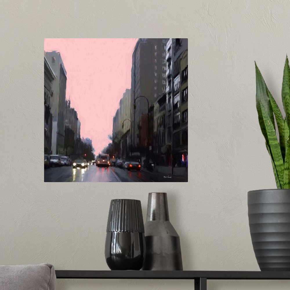 A modern room featuring Contemporary artwork of a shadowy New York City street with bright car headlights under a pale pi...