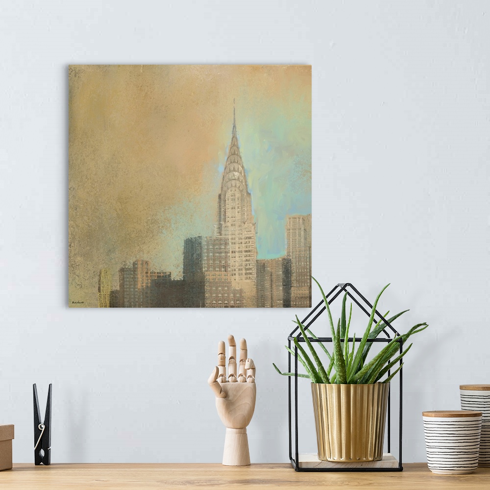 A bohemian room featuring Artwork of the Chrysler Building rising over skyscrapers in neutral earthtones.