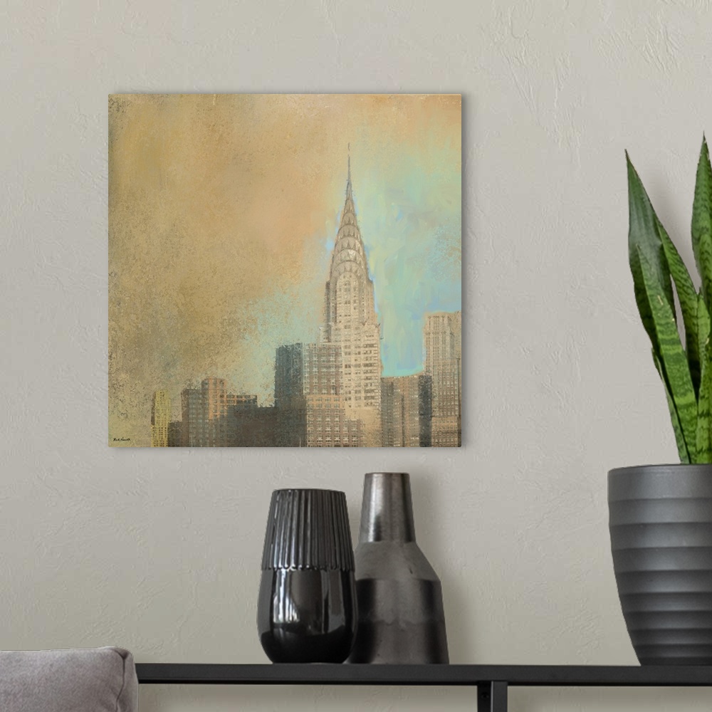 A modern room featuring Artwork of the Chrysler Building rising over skyscrapers in neutral earthtones.