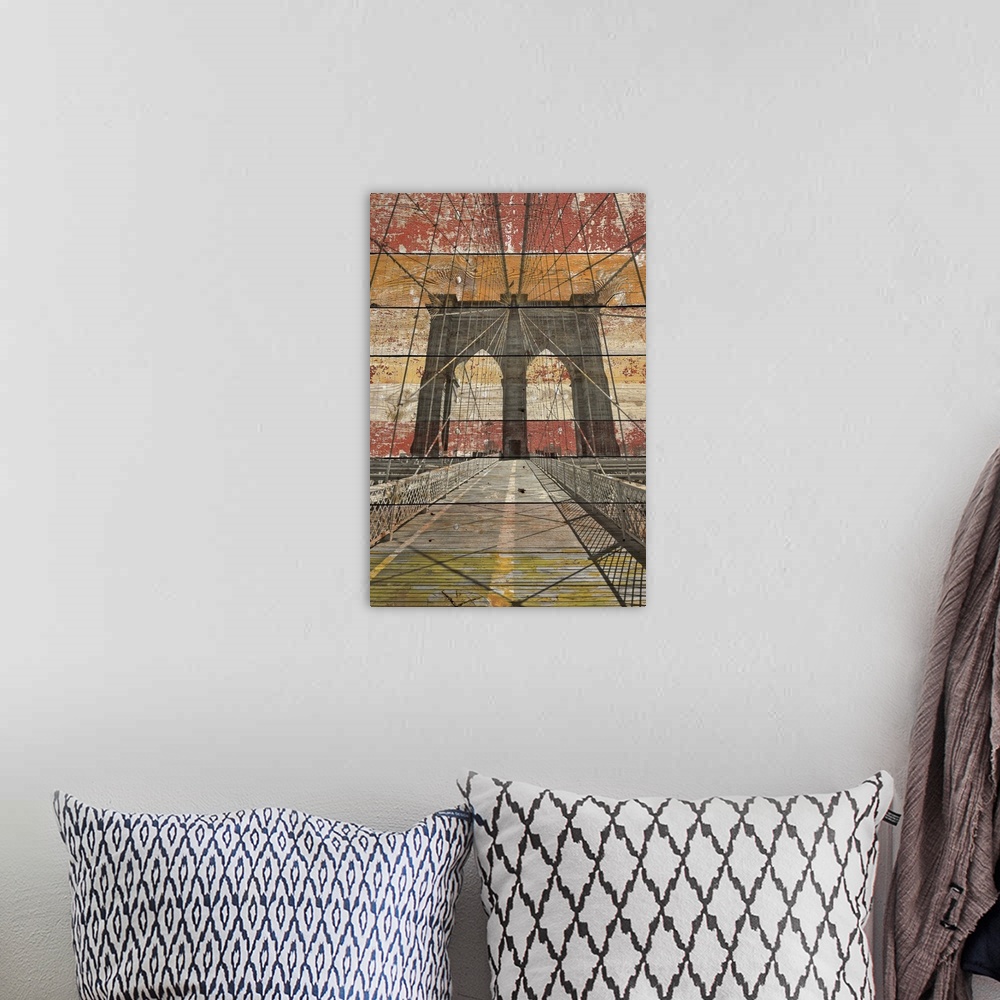 A bohemian room featuring New York Brooklyn Bridge