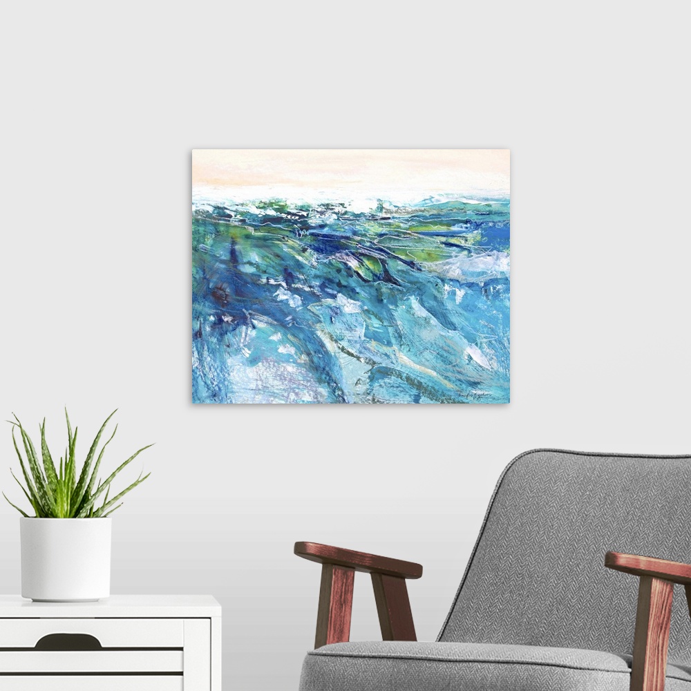A modern room featuring Contemporary seascape painting of deep blue and green ocean waves with white foam.