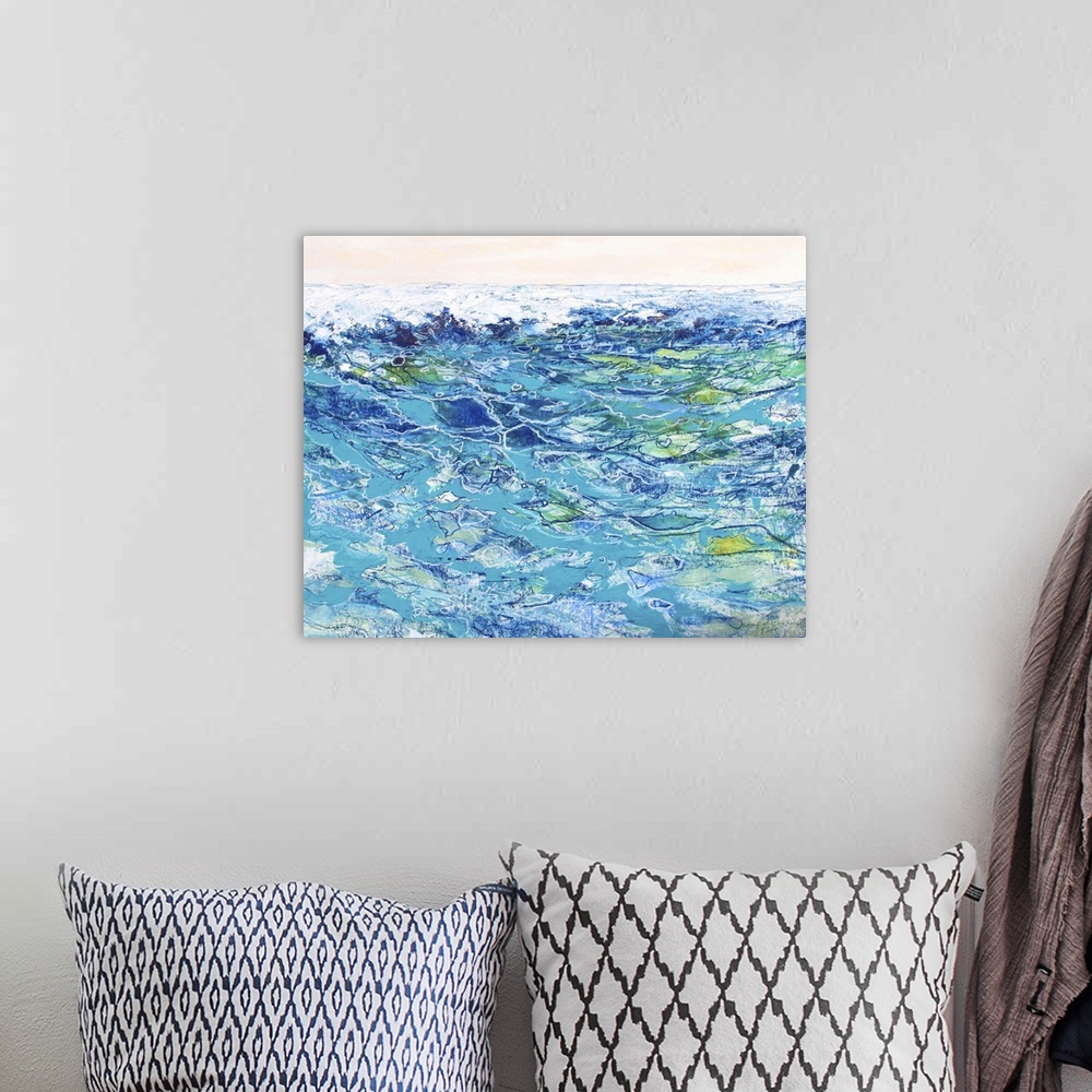 A bohemian room featuring Contemporary seascape painting of deep blue and green ocean waves with white foam.