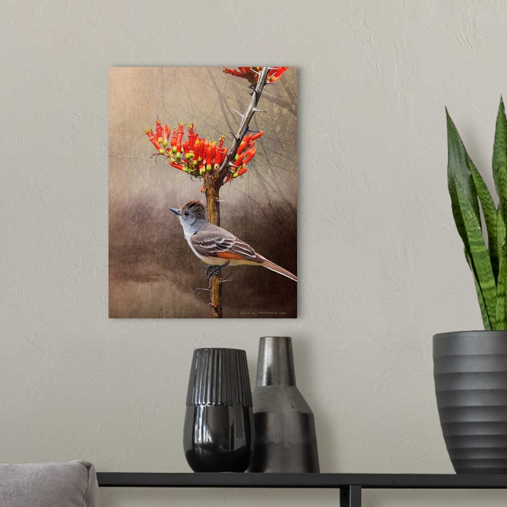 A modern room featuring Contemporary artwork of a flycatcher perched on a tree branch.