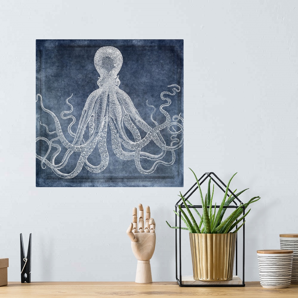 A bohemian room featuring Distressed watercolor collaged with 19th century octopus illustration in white, denim, midnight b...
