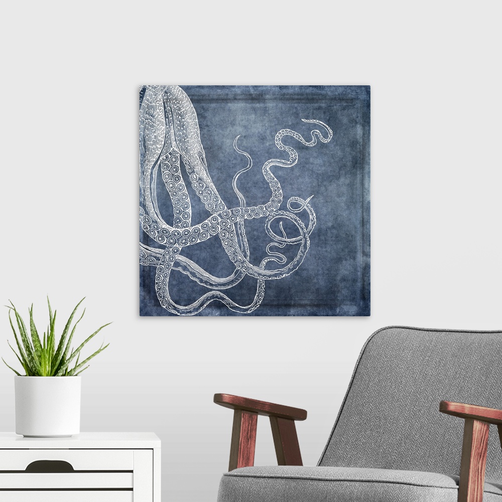 A modern room featuring Distressed watercolor collaged with 19th century octopus illustration in white, denim, midnight b...