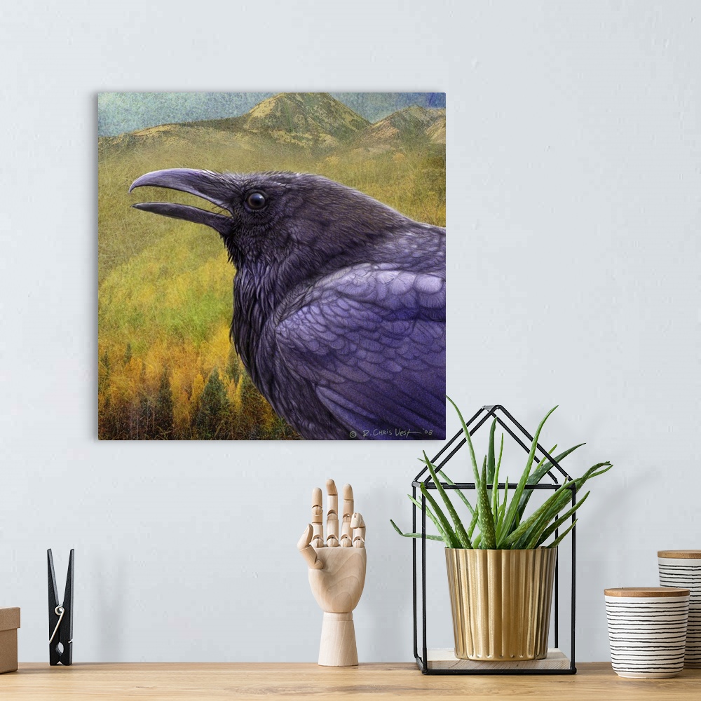 A bohemian room featuring Contemporary artwork of an old raven close-up.