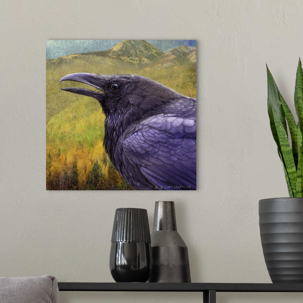 A modern room featuring Contemporary artwork of an old raven close-up.
