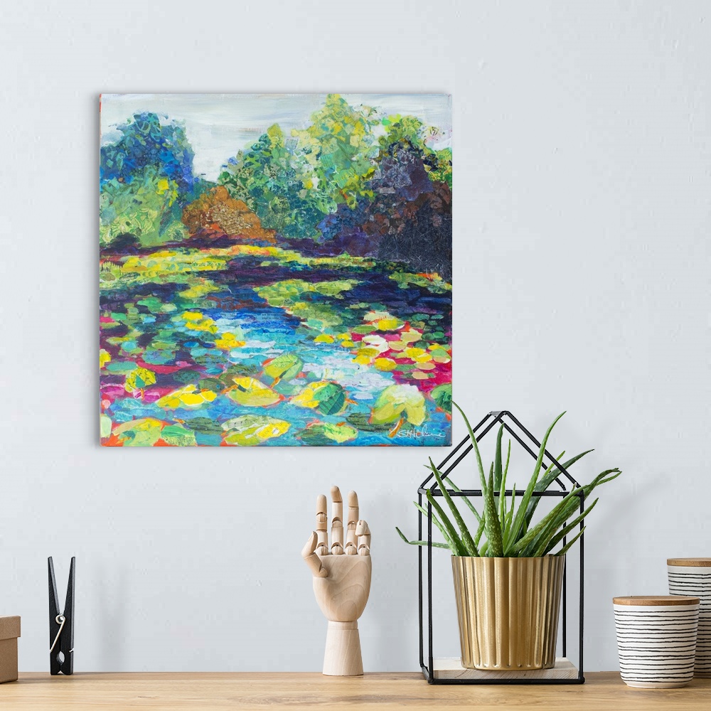 A bohemian room featuring Bright contemporary art of the tropical Wekiva River in Florida, with colorful leaves and flowers.