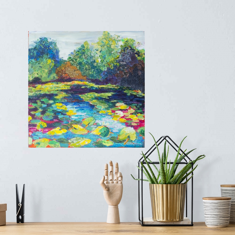 A bohemian room featuring Bright contemporary art of the tropical Wekiva River in Florida, with colorful leaves and flowers.