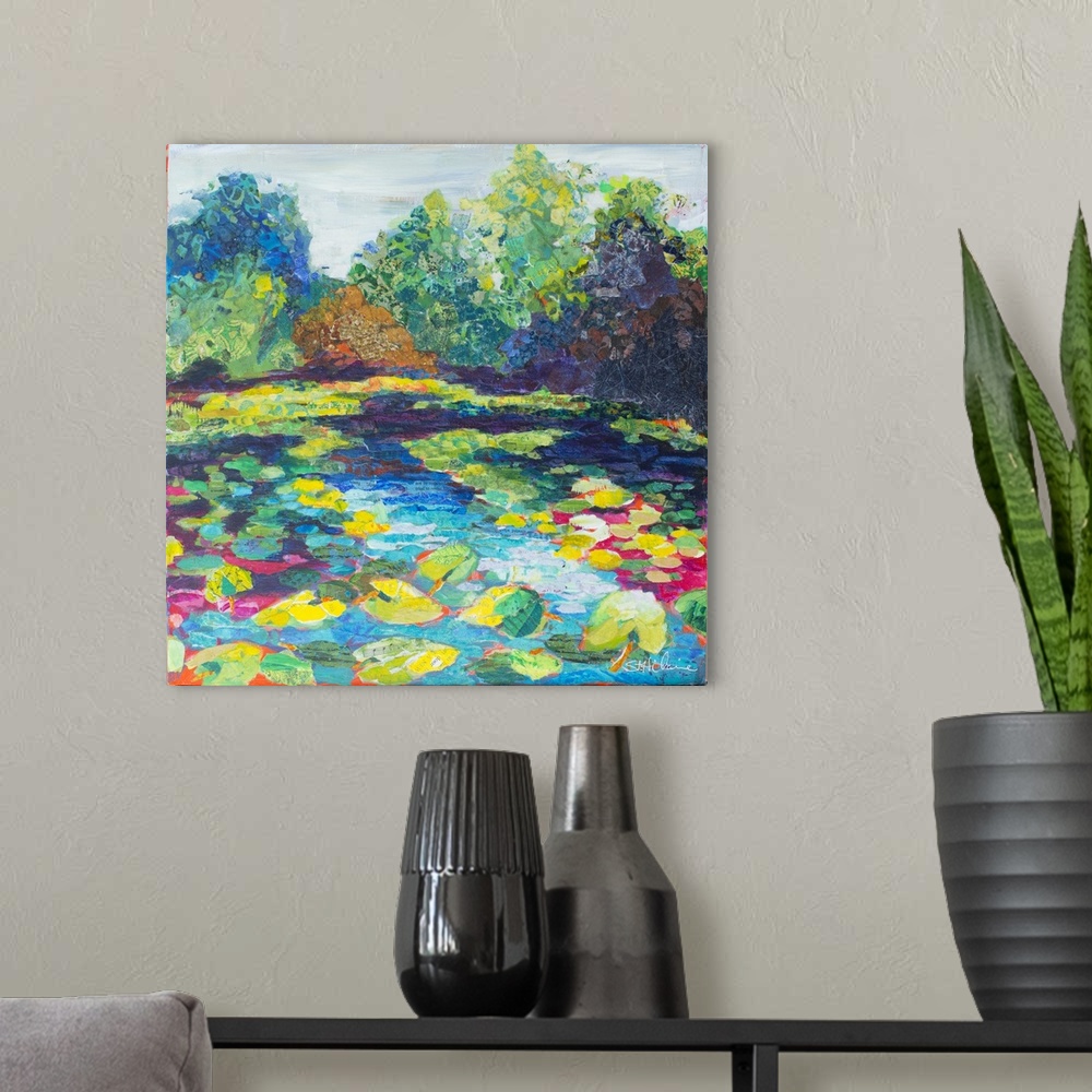 A modern room featuring Bright contemporary art of the tropical Wekiva River in Florida, with colorful leaves and flowers.