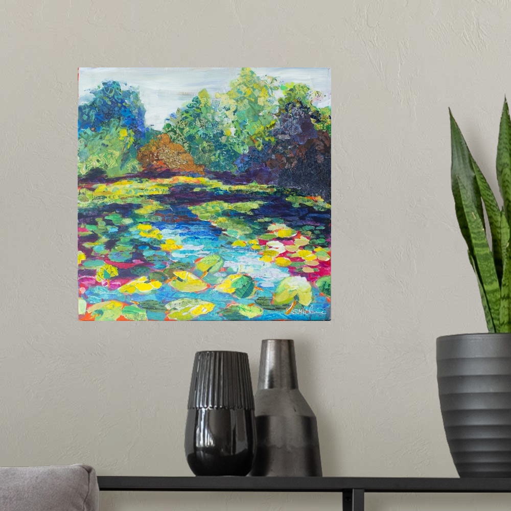 A modern room featuring Bright contemporary art of the tropical Wekiva River in Florida, with colorful leaves and flowers.