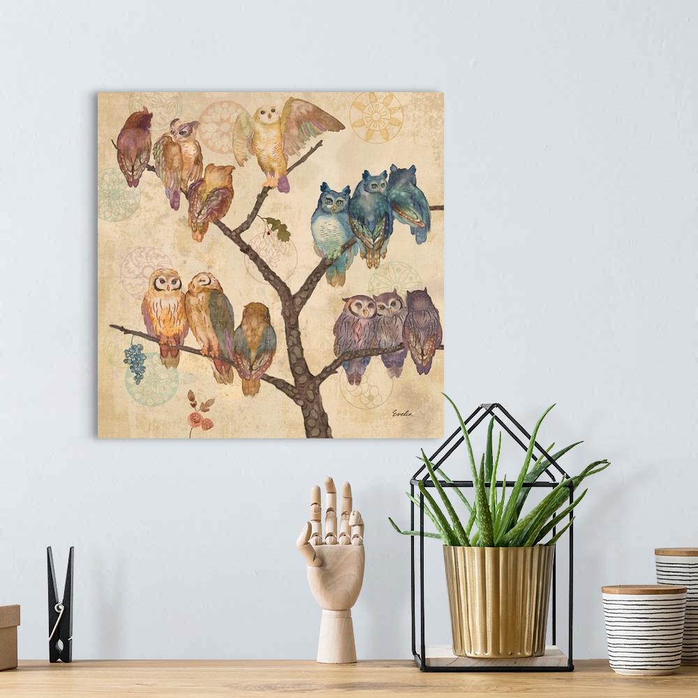 A bohemian room featuring Contemporary artwork of a group of owls perched on branches of a tree.