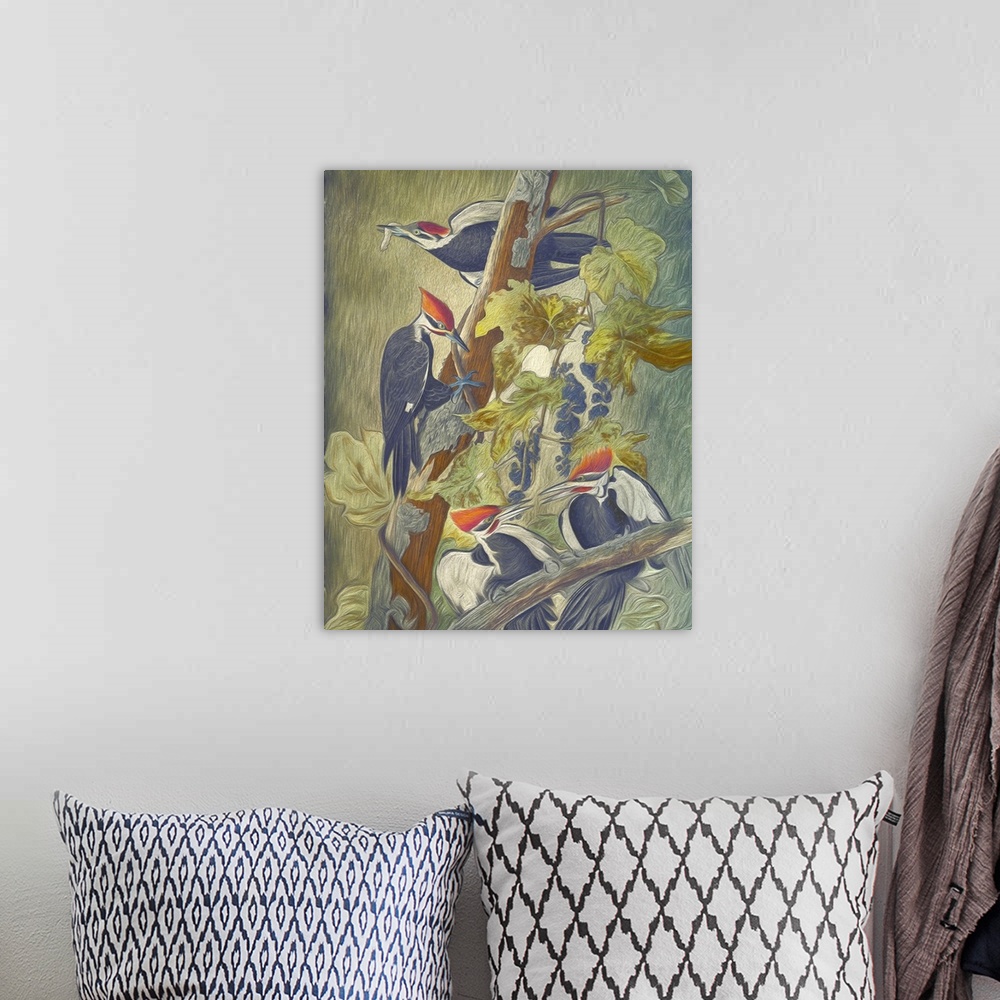 A bohemian room featuring A painterly textured rendition of four Pileated Woodpeckers, on a branch of a tree.