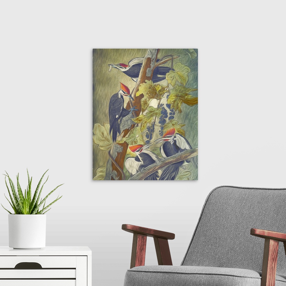 A modern room featuring A painterly textured rendition of four Pileated Woodpeckers, on a branch of a tree.