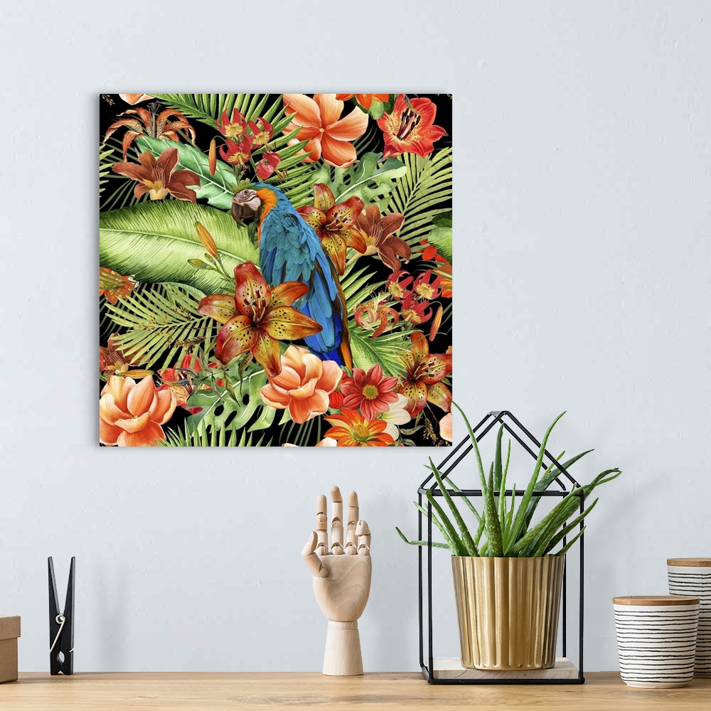 A bohemian room featuring Cute little bird surrounded by lush vegetation and flowers.