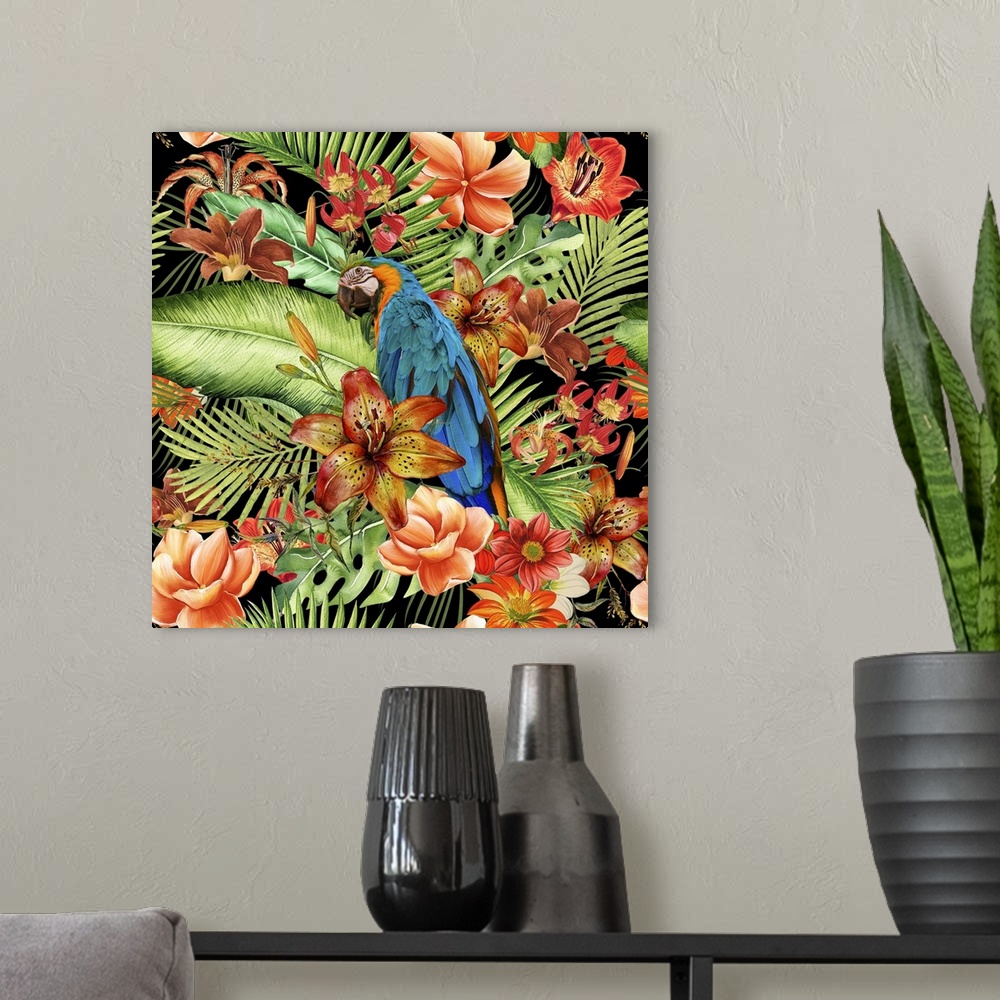 A modern room featuring Cute little bird surrounded by lush vegetation and flowers.