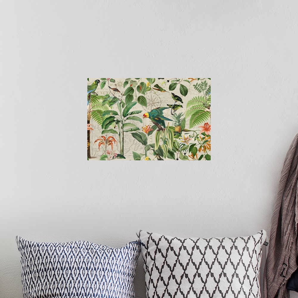 A bohemian room featuring Vintage style illustration with vintage map, parrots, hummingbirds, and tropical plants.