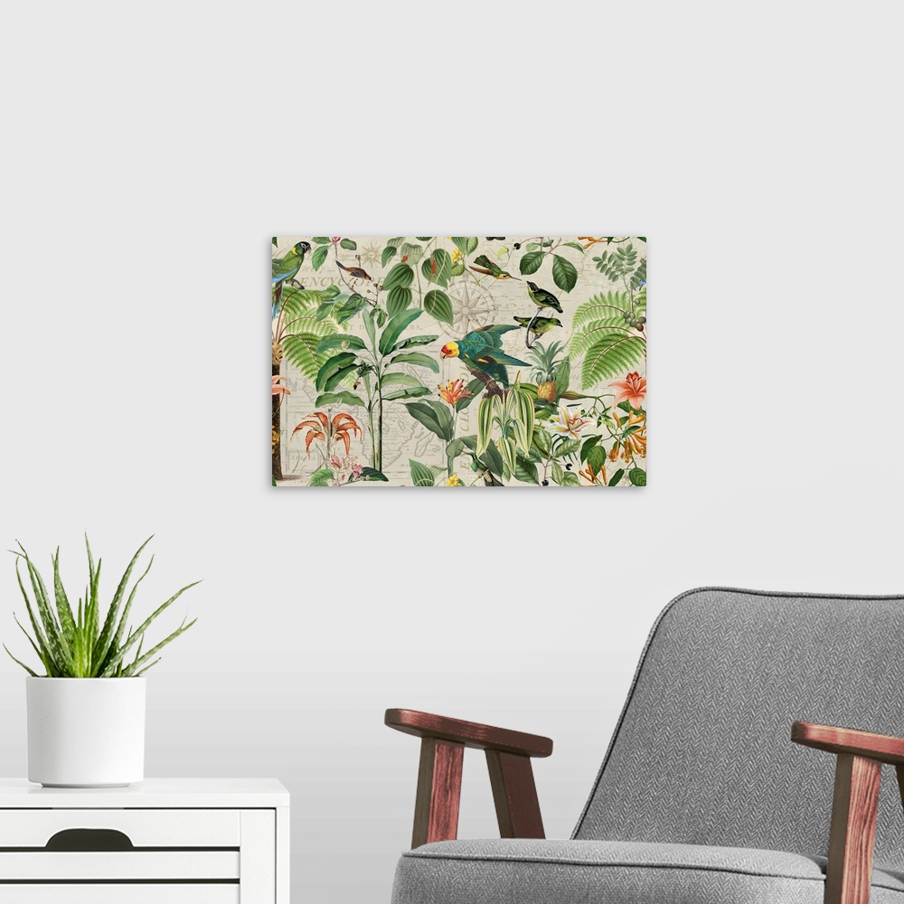A modern room featuring Vintage style illustration with vintage map, parrots, hummingbirds, and tropical plants.