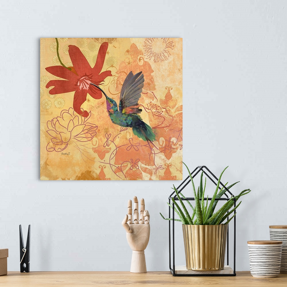A bohemian room featuring Artwork of a bright green hummingbird hovering up to a flower, against a rustic floral background.