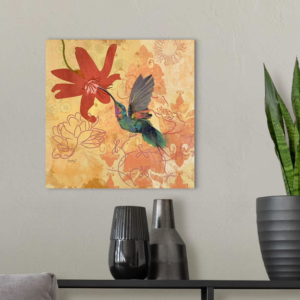 A modern room featuring Artwork of a bright green hummingbird hovering up to a flower, against a rustic floral background.