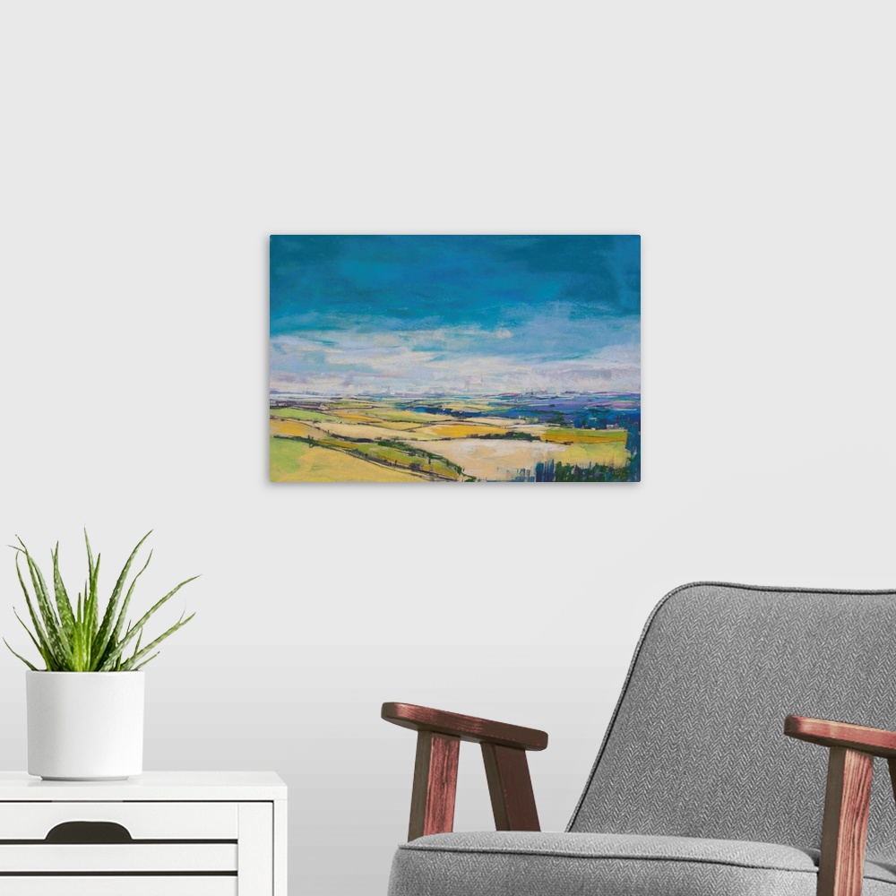 A modern room featuring Pastel landscape painting of English countryside with trees and fields.