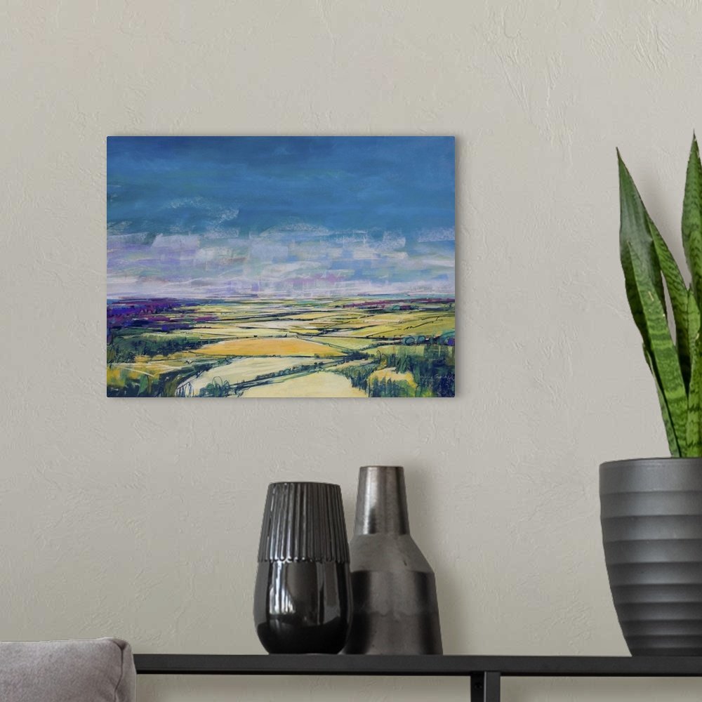 A modern room featuring Contemporary painting of an endless landscape in the countryside.