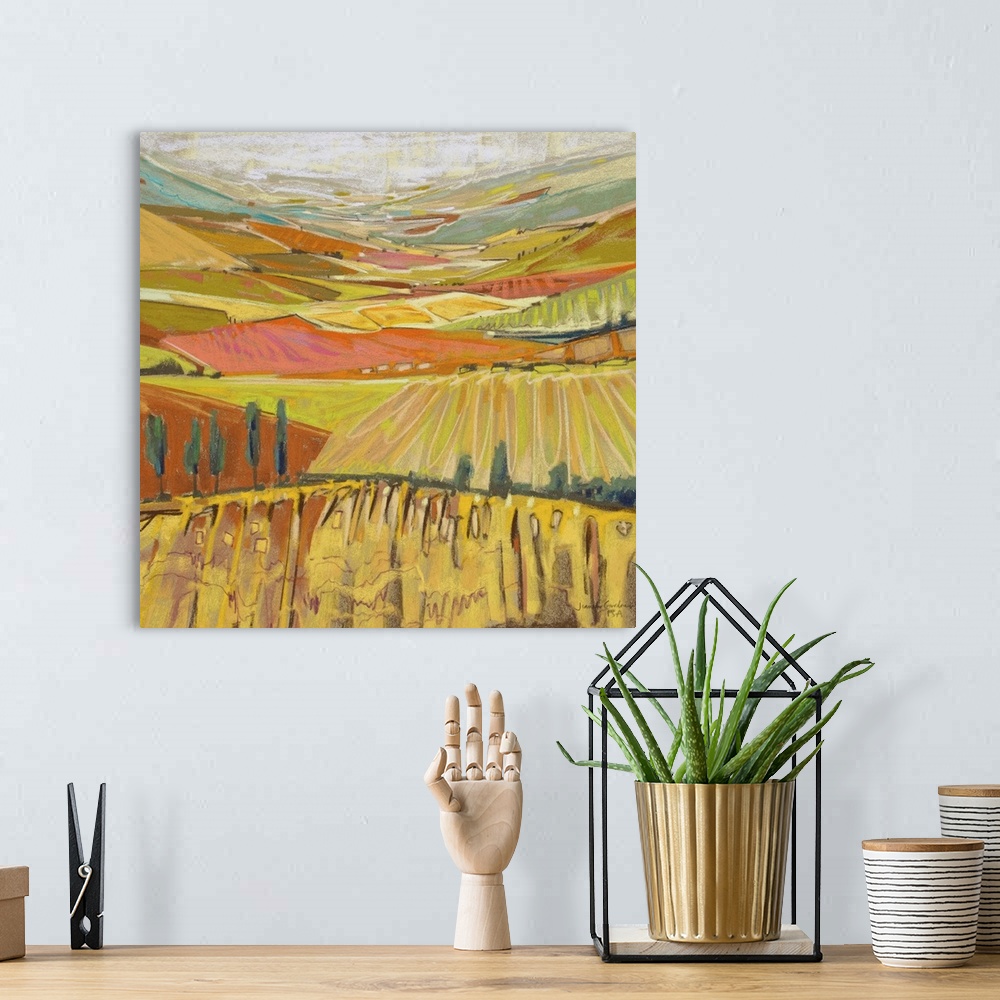 A bohemian room featuring Contemporary painting of an endless landscape in the countryside.