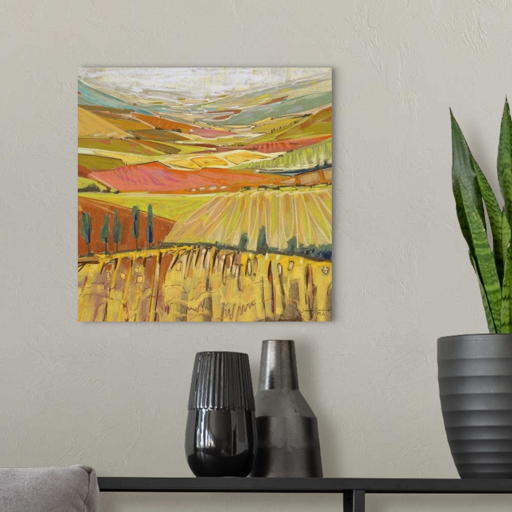 A modern room featuring Contemporary painting of an endless landscape in the countryside.
