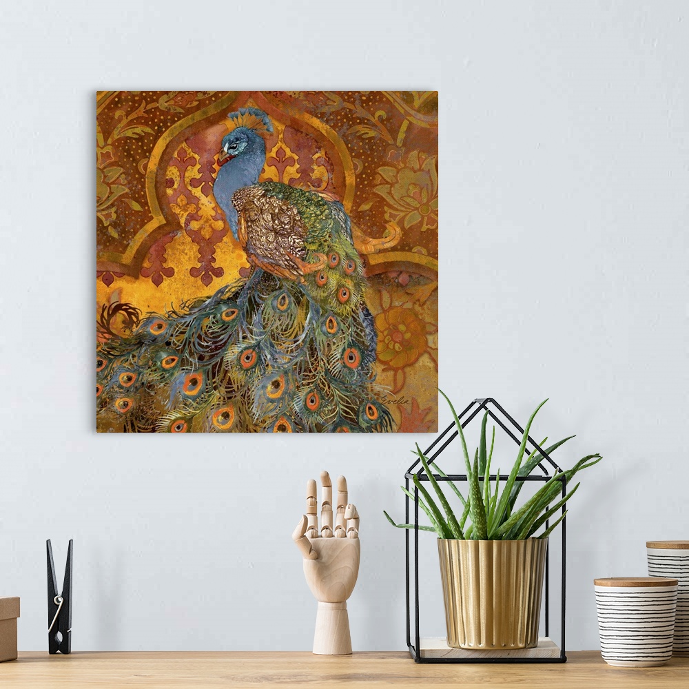 A bohemian room featuring Vibrant contemporary artwork of a peacock against an ornate floral pattered background.