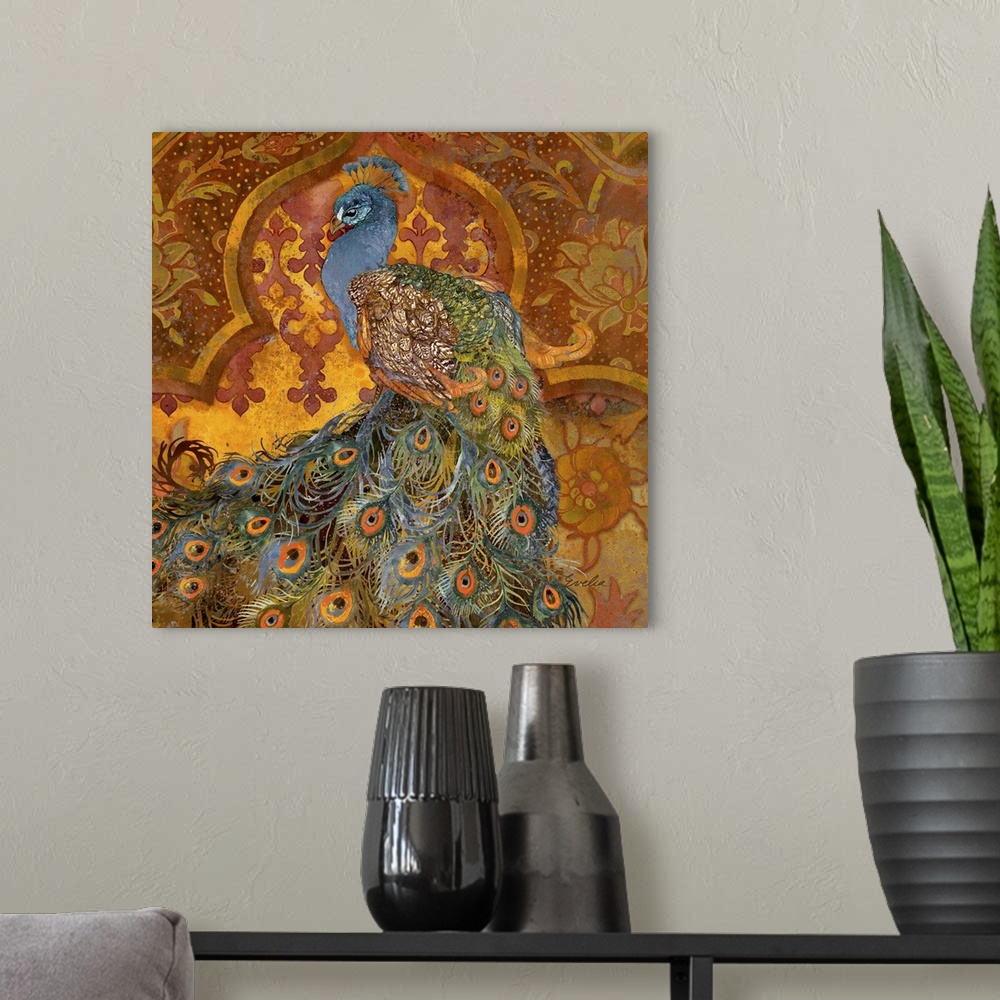 A modern room featuring Vibrant contemporary artwork of a peacock against an ornate floral pattered background.